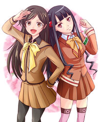  2girls aoki_hagane_no_arpeggio ashigara_(aoki_hagane_no_arpeggio) black_hair brown_eyes commentary_request crossover hair_ornament highres kamisama_hajimemashita long_hair mimori_suzuko momozono_nanami multiple_girls pantyhose poifuru_hana red_eyes school_uniform serafuku smile thighhighs voice_actor_connection 