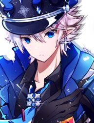  1boy abysser_(elsword) black_gloves black_hat blue_eyes blue_necktie ciel_(elsword) closed_mouth coat commentary_request cross cross_earrings earrings elsword expressionless gloves hat jewelry looking_at_viewer male_focus necktie no_nose peaked_cap pointy_ears runia_(runia0) signature simple_background solo symbol-shaped_pupils upper_body white_background white_hair 