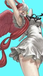  aqua_background clenched_teeth dress female from_below hair_over_one_eye hana_minami headphones highres neck_ribbon one_piece one_piece_film:_red pink_wings purple_eyes red_hair ribbon simple_background sleeveless sleeveless_dress smile teeth twintails two-tone_wings uta_(one_piece) white_dress white_hair white_wings wings 
