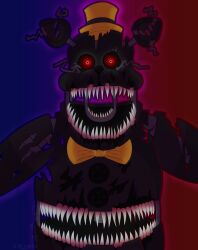  animatronic anthro bear belly_mouth black_body black_fur blue_background body_horror bow_tie caloxya clothing creepy endoskeleton exposed_endoskeleton exposed_wires five_nights_at_freddy&#039;s five_nights_at_freddy&#039;s_4 fnaf4 fur gradient_background hat headgear headwear hi_res looking_at_viewer machine male mammal multi_mouth nightmare_(fnaf) open_mouth red_background red_eyes robot scottgames simple_background solo top_hat wire withered 