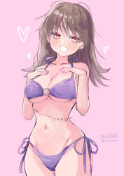  absurdres artist_logo bikini breasts brown_hair cleavage commentary_request female grin highres hizaka kantai_collection long_hair medium_breasts o-ring o-ring_bikini o-ring_top one-hour_drawing_challenge ooi_(kancolle) pink_background purple_bikini red_eyes side-tie_bikini_bottom simple_background smile solo swimsuit 