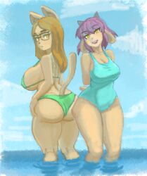  4chan anonymous_artist anthro ass big_breasts big_butt bikini blonde_hair blush bovid breasts brown_body brown_fur caprine cat_girl_(on_your_tail) clothing cloud diana_(on_your_tail) domestic_cat duo eyelashes eyewear felid feline felis female fur glasses goat hair hand_on_hip hands_behind_back horn long_hair looking_at_viewer looking_back mammal medium_breasts medium_hair on_your_tail orange_body orange_eyes orange_fur partially_submerged pose purple_hair sea seaside smile standing swimwear tail thick_thighs two-piece_swimsuit water yellow_eyes 