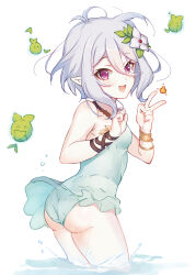  antenna_hair armlet ass casual_one-piece_swimsuit elf female flower frilled_one-piece_swimsuit frills green_one-piece_swimsuit hair_flower hair_ornament highres jewelry kokkoro_(princess_connect!) kokkoro_(summer)_(princess_connect!) looking_at_viewer niii one-piece_swimsuit open_mouth pointy_ears princess_connect! swimsuit swimsuit_skirt v 