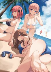  5girls ass barefoot beach bikini black_bikini blue_bikini blue_eyes breasts brown_hair butterfly_hair_ornament cleavage go-toubun_no_hanayome green_bikini green_hairband green_ribbons hair_between_eyes hair_ornament hair_ribbon hairband headphones highres multiple_girls nakano_ichika nakano_itsuki nakano_miku nakano_nino nakano_yotsuba navel ocean orange_hair outdoors pink_hair profnote quintuplets red_bikini red_hair ribbon swimsuit white_bikini 