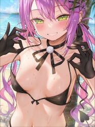  absurdres bare_shoulders beach bikini black_bikini black_gloves blush breasts collarbone demon_girl demon_tail ear_protection ebihurai gloves green_eyes highres hololive island long_hair navel ocean open_bikini open_clothes parted_lips purple_hair small_breasts smile swimsuit tail tokoyami_towa virtual_youtuber water 