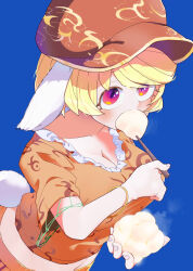  animal_ears blonde_hair breasts brown_hat cleavage collarbone commentary_request eating female flat_cap food fufuyomumusu hat highres large_breasts midriff_peek orange_shirt rabbit_ears rabbit_girl rabbit_tail red_eyes ringo_(touhou) shirt short_sleeves solo tail touhou wagashi yellow_shirt 