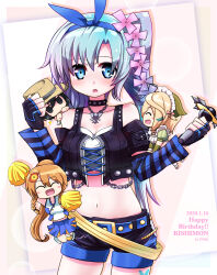  4girls arm_up arm_warmers bare_shoulders black_hair blank_eyes blonde_hair blue_eyes blue_hair blue_hairband blue_skirt blush_stickers bow_hairband braided_sidelock chains cheering cheerleader chibi choker closed_eyes commentary_request crop_top cropped_jacket dated fingerless_gloves flower gloves hair_flower hair_ornament hairband happy_birthday hat highres holding holding_microphone inaba_gou_(tenka_hyakken) jewelry kijinmaru_kunishige_(tenka_hyakken) kousetsu_samonji_(tenka_hyakken) light_blue_hair maid_headdress microphone midriff multiple_girls navel necklace official_alternate_costume on_shoulder open_mouth orange-bird parted_bangs pom_pom_(cheerleading) ponytail puffy_short_sleeves puffy_sleeves shirt short_sleeves shorts side_ponytail skirt smile sparkle straw_hat striped_sleeves swept_bangs tenka_hyakken type_32_guntou-kou white_shirt 