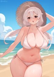  :o arm_up bare_shoulders beach bikini blush breasts brown_eyes cleavage commentary day english_commentary female hat highres iwbitu large_breasts looking_at_viewer navel nyopu open_mouth original outdoors side-tie_bikini_bottom sideboob solo stomach straw_hat swimsuit thick_eyebrows thighs water white_bikini white_hair 