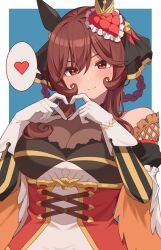  absurdres animal_ears bare_shoulders blue_background blush border braided_hair_rings breasts brown_hair cleavage ear_covers ear_ornament female gentildonna_(umamusume) hair_between_eyes heart heart-shaped_ornament heart_ear_ornament highres horse_ears horse_girl large_breasts long_hair looking_at_viewer nagaburo_imoni red_eyes simple_background smile solo spoken_heart umamusume white_border 