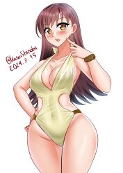  absurdres breasts brown_eyes brown_hair casual_one-piece_swimsuit cleavage covered_navel female highleg highleg_one-piece_swimsuit highres kantai_collection katou_shinobu long_hair medium_breasts one-hour_drawing_challenge one-piece_swimsuit ooi_(kancolle) solo standing swimsuit yellow_one-piece_swimsuit 