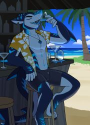  absurd_res alcohol anthro beach beverage bottomwear clothed clothing detailed_background fish furniture gills hacony hi_res male marine notched_ear open_clothing open_mouth open_shirt open_topwear palm_tree plant razz_(razzshark) sea shark shirt shorts sitting sleeping sofa solo spilled_drink stripes teeth topwear tree tropical underwear water 