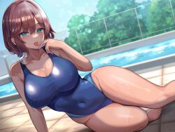  aqua_eyes backlighting barefoot blue_one-piece_swimsuit blush breasts brown_hair bush chain-link_fence cleavage collarbone competition_school_swimsuit covered_navel day female fence hair_between_eyes highres kihou_no_gotoku_dmc large_breasts looking_at_viewer lying non-web_source on_side one-piece_swimsuit open_mouth original outdoors pool school_swimsuit short_hair sidelocks sitting solo sweat swimsuit tan toes tongue tongue_out 