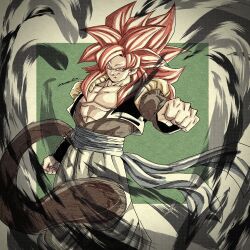  abs absurdres baggy_pants black_vest blue_sash clenched_hand closed_mouth commentary_request dragon_ball dragon_ball_gt gogeta highres looking_at_viewer metamoran_vest monkey_boy monkey_tail muscular noir_illust pants pectorals red_hair sash smile spiked_hair super_saiyan super_saiyan_4 tail vest white_pants 