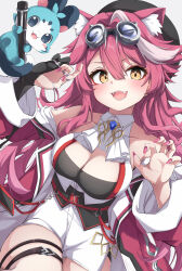  absurdres animal_ear_fluff animal_ears artist_glove ascot beret black_tube_top blush breasts chattino_(raora_panthera) claw_pose cleavage coat eyeshadow fangs female fumi_(fumibeing) goggles hat highres hololive hololive_english jewelry large_breasts long_hair looking_at_viewer makeup multicolored_hair open_mouth panther_ears panther_girl pen pink_hair raora_panthera red_eyeshadow ring shorts simple_background smile solo strapless streaked_hair thigh_strap tube_top virtual_youtuber white_background white_shorts yellow_eyes 