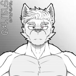  anthro canid canine canis deity eyebrows front_view galibus_(dragons_adventures) heterochromia hi_res kuro_(dragons_adventures) male mammal monochrome muscular no_clothing not_bgz31 scar shaded_background simple_background snout solo teeth_showing thick_eyebrows unreadable_writing wolf 