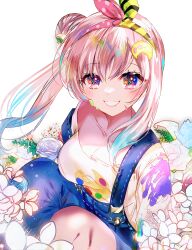  absurdres airani_iofifteen airani_iofifteen_(1st_costume) blue_hair blue_overalls blush breasts cleavage female hair_bun happy_birthday highres hololive hololive_indonesia looking_at_viewer medium_breasts multicolored_hair overalls paint_on_body palette_hair_ornament pink_hair purple_eyes shirt smile solo sowon streaked_hair transparent_background virtual_youtuber white_shirt 