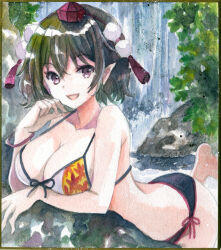  :d bangle bikini black_bikini black_hair bracelet breast_rest breasts bush carried_breast_rest carrying cleavage collarbone day front-tie_bikini_top front-tie_top hajike_akira halterneck happy hat highres jewelry looking_at_viewer medium_breasts open_mouth outdoors pointy_ears pom_pom_(clothes) red_eyes red_hat rock shameimaru_aya short_hair side-tie_bikini_bottom smile swimsuit tassel tokin_hat touhou traditional_media tree water waterfall white_bikini 