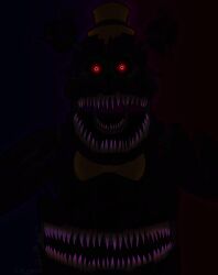  animatronic anthro bear belly_mouth black_body black_fur body_horror bow_tie caloxya clothing creepy endoskeleton exposed_endoskeleton exposed_wires five_nights_at_freddy&#039;s five_nights_at_freddy&#039;s_4 fnaf4 fur hat headgear headwear hi_res looking_at_viewer machine male mammal multi_mouth nightmare_(fnaf) open_mouth red_eyes robot scottgames solo top_hat wire withered 