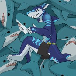  anthro blahaj bottomwear clothing cuddling detailed_background fish gills hacony hi_res ikea male marine notched_ear plushie razz_(razzshark) shark shorts sleeping solo stripes teeth underwear 