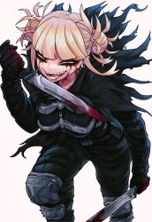  bags_under_eyes black_gloves black_jacket black_pants blonde_hair blood blood_on_face blood_on_gloves blood_on_knife boku_no_hero_academia double_bun dual_wielding ear_piercing fangs female gloves hair_bun highres holding holding_knife jacket knee_pads knife looking_at_viewer open_mouth pants piercing sidelocks simple_background solo toga_himiko unusualpie white_background yellow_eyes 