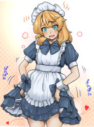  1boy alternate_costume apron aqua_eyes blonde_hair blue_bow blue_bowtie blue_dress blush bow bowtie bridget commentary dress english_commentary enmaided eyelashes frilled_dress frills guilty_gear guilty_gear_strive heart highres maid maid_apron maid_headdress male_focus otoko_no_ko solo sugajyun sweat upper_body white_apron white_headdress 