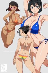  3girls armpits arms_up artist_logo ass back bikini black_eyes black_hair blue_bikini blush breasts brown_hair cleavage closed_mouth colored_inner_hair commentary contrapposto cropped_legs dark-skinned_female dark_skin ear_piercing feet_out_of_frame from_behind grey_background grey_eyes hair_pulled_back highres kamezaemon large_breasts looking_at_viewer looking_back multicolored_hair multiple_girls nail_polish one_eye_closed open_mouth orange_bikini original piercing pink-tinted_eyewear rainbow_bikini short_hair side-tie_bikini_bottom simple_background smile standing string_bikini sunglasses swept_bangs swimsuit teeth thigh_gap tinted_eyewear upper_teeth_only watermark white_hair white_nails 