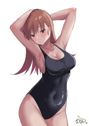  absurdres arms_between_legs black_one-piece_swimsuit breasts brown_eyes brown_hair cowboy_shot dated female highres kantai_collection lanthan long_hair one-piece_swimsuit ooi_(kancolle) signature swimsuit 