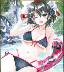  :d bikini black_bikini black_hair breasts camera cleavage collarbone commentary_request day front-tie_bikini_top front-tie_top hajike_akira hat highres holding holding_camera lake medium_breasts navel one_eye_closed outdoors pointy_ears pom_pom_(clothes) red_eyes red_hat red_ribbon ribbon rock shameimaru_aya side-tie_bikini_bottom smile swimsuit tassel tokin_hat touhou traditional_media translation_request tree underboob 