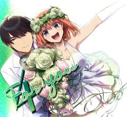  1boy absurdres bare_shoulders black_hair blue_eyes bouquet breasts bride cleavage closed_mouth collarbone dress female formal gloves go-toubun_no_hanayome groom head_wreath highres holding holding_bouquet large_breasts nakano_yotsuba open_mouth orange_hair short_hair smile suit teeth tuxedo twitter_username uesugi_fuutarou upper_teeth_only wedding wedding_dress white_dress white_gloves white_suit yellow_eyes yu_(flowerbird3830) 