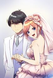  1boy absurdres bare_arms bare_shoulders blue_eyes blue_necktie blue_vest bridal_veil bride closed_mouth collared_shirt dress female flower formal go-toubun_no_hanayome groom hair_bun hair_flower hair_ornament highres husband_and_wife jewelry looking_at_viewer nakano_yotsuba necktie open_mouth orange_hair pink_dress ring shirt short_hair smile strapless strapless_dress suit tearing_up teeth tuxedo uesugi_fuutarou upper_teeth_only veil vest wedding wedding_dress wedding_ring white_shirt white_suit yellow_eyes yu_(flowerbird3830) 