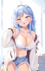  absurdres ahoge barefoot blue_eyes blue_hair blue_shorts blurry blurry_background blush bow bow_bra bra breasts commentary_request commission depth_of_field female gradient_hair hair_intakes hand_up highres indie_virtual_youtuber jacket large_breasts lifting_own_clothes long_hair long_sleeves looking_at_viewer mimura_zaja multicolored_hair off_shoulder open_clothes open_jacket open_mouth pixiv_commission puffy_long_sleeves puffy_sleeves purple_hair setsuna_meguri short_shorts shorts sitting solo strap_lift teeth underwear upper_teeth_only very_long_hair virtual_youtuber white_bra white_jacket 