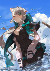  animal_ears aqua_bow arm_belt black_leotard blue_sky bow breasts cat_ears cat_girl cat_tail cleavage_cutout clothing_cutout cloud cowboy_shot dutch_angle facial_mark female floating_hair frilled_leotard frills genshin_impact grey_hair highres huge_bow juliet_sleeves leotard long_hair long_sleeves looking_at_viewer lynette_(genshin_impact) meda medium_breasts one_eye_closed parted_lips puffy_sleeves purple_eyes shrug_(clothing) sky solo splashing splatter star_(symbol) star_facial_mark star_tattoo tail tattoo two-tone_gloves water wet wet_clothes white_sleeves 