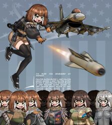  6+girls :d absurdres aircraft airplane belt boots breasts brown_hair clone english_text f-16_fighting_falcon fighter_jet gloves highres jet long_hair long_sleeves medium_breasts military_uniform military_vehicle multiple_girls open_mouth original pandramodo personification shorts smile standing thighhighs uniform yellow_eyes 