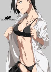  artist_logo black_bra black_hair black_panties black_pants blue_eyes bra breasts cleavage closed_mouth clothes_pull commentary cowboy_shot cross cross_necklace dress_shirt ear_piercing female from_side grey_background highres iwado_anna jewelry kamezaemon looking_at_viewer medium_breasts multicolored_hair navel necklace open_clothes open_shirt original panties pants pants_pull piercing shirt short_hair simple_background smile smirk solo standing stomach streaked_hair toned two-tone_hair unbuttoned underwear white_hair 