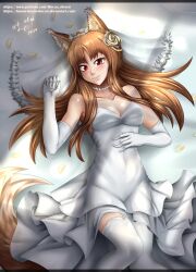  absurdres animal_ear_fluff animal_ears bare_shoulders brown_hair closed_mouth dress elbow_gloves feet_out_of_frame female flower gloves hair_flower hair_ornament highres holo long_hair looking_at_viewer lying on_back red_eyes rose smile solo spice_and_wolf tail thighhighs vilde_loh_hocen wedding_dress white_dress white_flower white_gloves white_rose white_thighhighs wolf_ears wolf_girl wolf_tail 