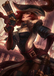  artist_name belt black_choker black_corset blue_eyes breasts choker commentary corset elbow_gloves english_commentary female floating_hair gloves gun hand_on_own_hip hat holding holding_gun holding_weapon league_of_legends long_hair mar-93 medium_breasts miss_fortune_(league_of_legends) pirate pirate_costume pirate_hat pirate_ship red_gloves red_hair solo weapon web_address 