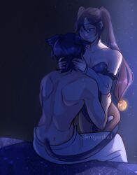  1boy animal_ears bare_shoulders black_hair blue_eyes breasts brown_pantyhose cat_boy cat_ears cat_tail cleavage closed_mouth collarbone constellation_print detached_sleeves eyelashes female frilled_sleeves frills genshin_impact hair_between_eyes half-closed_eyes hand_on_another&#039;s_waist hands_in_hair highres indoors leotard long_hair looking_at_another maju_(majuandrad) median_furrow medium_breasts mona_(genshin_impact) multicolored_hair pantyhose parted_bangs ponytail_holder purple_hair purple_leotard scaramouche_(genshin_impact) shoulder_blades sidelighting sidelocks sitting smile standing star_(symbol) star_print straight streaked_hair sweat tail tail_around_another&#039;s_leg tail_wrap topless_male towel_around_waist twintails twitter_username white_sleeves 