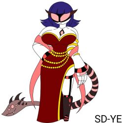  1:1 artgoddesses big_breasts breasts cleavage clothed clothing disassembly_drone dress female full-length_portrait glitch_productions hair hand_on_hip humanoid jewelry living_tail looking_at_viewer machine mechanical_arm mechanical_leg mechanical_tail murder_drones not_furry portrait purple_hair red_clothing red_dress red_eyes robot robot_humanoid screen screen_face solo tail tail_head tailed_humanoid thin_calves thin_legs thin_thighs unusual_anatomy unusual_tail yeva_(murder_drones) 