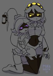  blush clothing female glitch_productions grey_background hi_res humanoid jacket long_socks looking_at_another machine mikansfw murder_drones purple_eyes robot robot_humanoid simple_background stinger_tail topwear uzi_(murder_drones) v_(murder_drones) yellow_eyes 