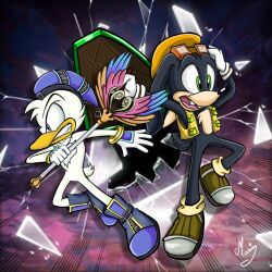  anatid anseriform anthro avian beak beanie bird black_body black_nose blue_eyes boots breaking_glass buckteeth canid canine canis clothing determined disney domestic_dog donald_duck duck duck_bill eyewear eyewear_on_head feathered_chest feathered_tail feathers floppy_ears fluffy fluffy_chest footwear glass_shards glistening glistening_nose gloves goggles goggles_on_head goofy_(disney) green_eyes handwear hat head_tuft headgear headwear hi_res kingdom_hearts kosmo1995 magic_wand male mammal nervous nub_tail pink_mouth pink_tongue scared sega shield shoes sky snout solo sonic_the_hedgehog_(series) square_enix tail teeth tongue topwear tuft vest white_body yellow_beak zipper 