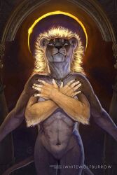  2026 anthro arm_tuft artist_name c.t.elder claws digital_media_(artwork) duo eclipse elbow_tuft felid female finger_claws fur grey_body grey_fur hug hugging_another hugging_from_behind jewelry lion male mammal mane moon necklace nude nude_anthro nude_female pantherine portrait solar_eclipse standing sun tail tan_body tan_fur text three-quarter_portrait tuft whisker_spots 