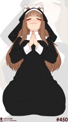 4k 9:16 absurd_res brown_hair canid canine canis closed_eyes clothing dipstick_ears ear_markings female hair hi_res holo_(spice_and_wolf) humanoid likunea mammal markings multicolored_ears nun_habit nun_outfit patreon_username prayer_hands praying religious_clothing snaggle_tooth solo spice_and_wolf twitter_handle white_ear_tips wolf 