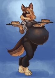  2026 anthro apron belly big_belly black_apron black_bottomwear black_clothing black_pants blue_background bottomwear brown_body brown_ear_tips brown_fur clothing collared_shirt digital_drawing_(artwork) digital_media_(artwork) digitigrade dipstick_ears ear_markings english_description female fetal_movement food fur green_eyes grey_clothing grey_shirt grey_topwear hi_res huge_belly humanoid_hands hyper hyper_belly hyper_pregnancy inner_ear_fluff markings multicolored_ears navel outie_navel pants pastry pie pink_inner_ear plate_on_belly pregnant pregnant_anthro pregnant_female randomgirl1265 shirt simple_background smile solo tan_body tan_fur tan_inner_ear_fluff topwear tuft waiter 