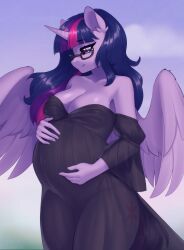  2026 absurd_res alicorn anthro black_clothing black_dress blue_body blue_hair breasts cleavage clothed clothing dress equid equine eyewear female female_anthro friendship_is_magic glasses hair hand_on_belly hasbro hi_res horn mammal multicolored_hair my_little_pony mythological_creature mythological_equine mythology navel_outline outside pink_hair portrait pregnant pregnant_anthro pregnant_female purple_hair solo three-quarter_portrait translucent translucent_clothing translucent_dress twilight_sparkle_(mlp) wearing_glasses wings yutakira92 