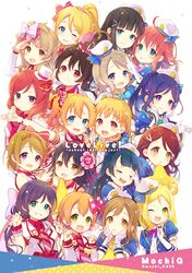  6+girls :d ;d ayase_eli black_hair blonde_hair blue_bow blue_bowtie blue_eyes blue_hair bow bowtie brown_eyes brown_hair circle_name claw_pose closed_eyes commentary_request elbow_gloves gloves green_eyes grey_hair hairband hairbow hand_over_eye hat head_rest hoshizora_rin in-franchise_crossover koizumi_hanayo kosaka_honoka kunikida_hanamaru kurosawa_dia kurosawa_ruby long_hair long_sleeves looking_at_viewer love_live! love_live!_school_idol_project love_live!_sunshine!! matsuura_kanan minami_kotori mini_hat mini_top_hat mole mole_under_mouth multiple_girls name_tag necktie nishikino_maki one_eye_closed one_side_up open_mouth orange_hair own_hands_together paw_pose peaked_cap ponytail purple_eyes purple_hair red_bow red_bowtie red_eyes red_hair sakuramochi_n sakurauchi_riko salute scrunchie short_hair short_sleeves smile sonoda_umi takami_chika tojo_nozomi top_hat tsushima_yoshiko twintails twirling_hair twitter_username two_side_up watanabe_you wrist_scrunchie yazawa_nico yellow_bow yellow_bowtie yellow_eyes 