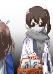  2girls alternate_costume artist_name black_background brown_hair brown_scarf clear_file_(object) commentary_request covered_mouth disguise earmuffs from_behind gradient_background green_jacket grey_scarf hair_ribbon high_ponytail highres jacket kaga_(kancolle) kantai_collection lawson long_hair mask momimaki mouth_mask multiple_girls ribbon scarf shopping_basket side_ponytail striped striped_ribbon sunglasses surgical_mask twintails uniform white_background white_jacket zuihou_(kancolle) zuihou_(lawson)_(kancolle) zuikaku_(kancolle) 