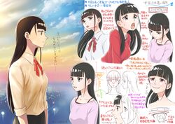  black_hair blunt_bangs bow brown_eyes closed_mouth commentary_request dress_shirt expressionless female highres how_to kobuchizawa_shirase long_hair multiple_views open_mouth oshiyon red_bow shirt sleeves_rolled_up smile sora_yori_mo_tooi_basho sweatdrop tongue tongue_out upper_body 