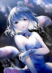  absurdres arm_tattoo bare_shoulders blue_dress blue_eyes blue_hair bracelet breasts bridal_gauntlets cleavage commentary_request dark_background detached_collar dress female gem haiyi hand_on_own_arm highres jellyfish jellyfish_hair_ornament jewelry looking_at_viewer short_hair small_breasts solo strapless strapless_dress synthesizer_v tadatsu tareme tattoo upper_body 