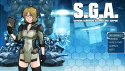  blonde_hair blue_eyes daikaiju_daikessen female garayann glasses looking_at_viewer mecha military military_uniform tank yui_(daikaiju_daikessen) 