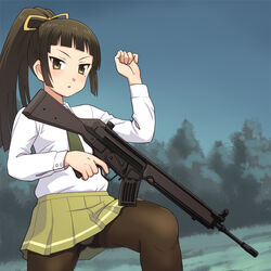  assault_rifle black_pantyhose brown_eyes brown_hair commentary_request dress_shirt female forest freeze_gesture grass gun h&amp;k_hk33 hair_ribbon hk33e_(upotte!!) long_hair looking_at_viewer meow_(nekodenki) mole nature necktie night outdoors panties panties_under_pantyhose pantyhose ponytail ribbon rifle school_uniform shirt skirt solo underwear upotte!! weapon 